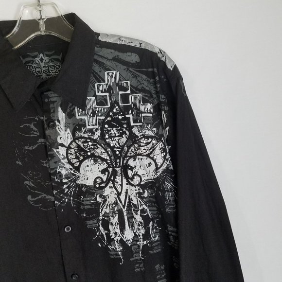 ROAR Embroidered Graphic Print Black Button Front Shirt Mens Size Large - Picture 3 of 6